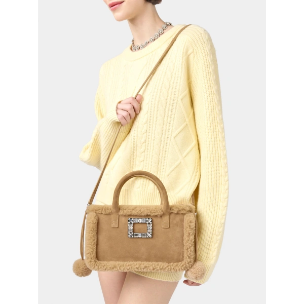 Roger Vivier Viv' Skate Shopping Bag in Camel Suede and Shearling, view 4 | Totes & Top-Handle Bags