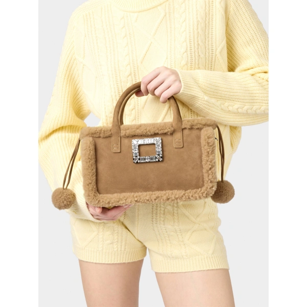 Roger Vivier Viv' Skate Shopping Bag in Camel Suede and Shearling, view 5 | Totes & Top-Handle Bags