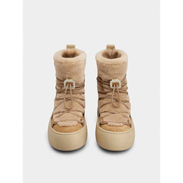 Roger Vivier Viv' Up Booties in Camel Suede and Shearling, view 2 | Ankle Boots