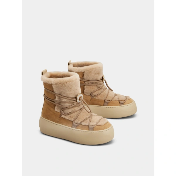 Roger Vivier Viv' Up Booties in Camel Suede and Shearling, view 3 | Ankle Boots