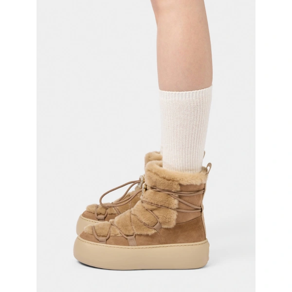 Roger Vivier Viv' Up Booties in Camel Suede and Shearling, view 4 | Ankle Boots