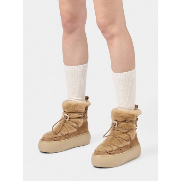 Roger Vivier Viv' Up Booties in Camel Suede and Shearling, view 5 | Ankle Boots