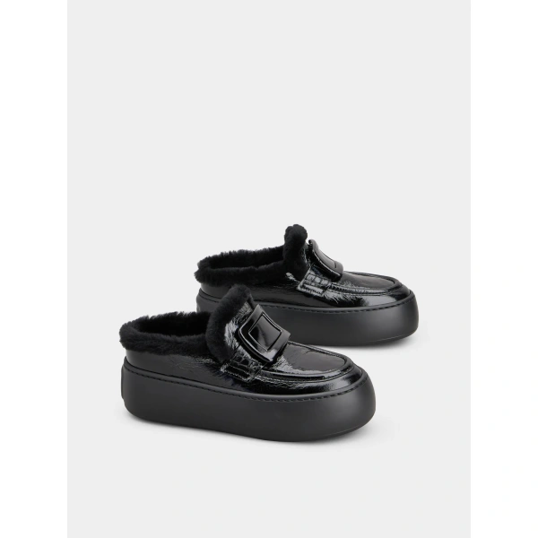 Roger Vivier Viv' Up Mules in Black Patent Leather, view 3 | Mules