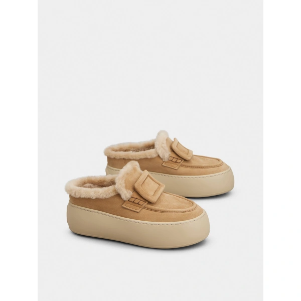 Roger Vivier Viv' Up Mules in Camel Suede, view 3 | Mules