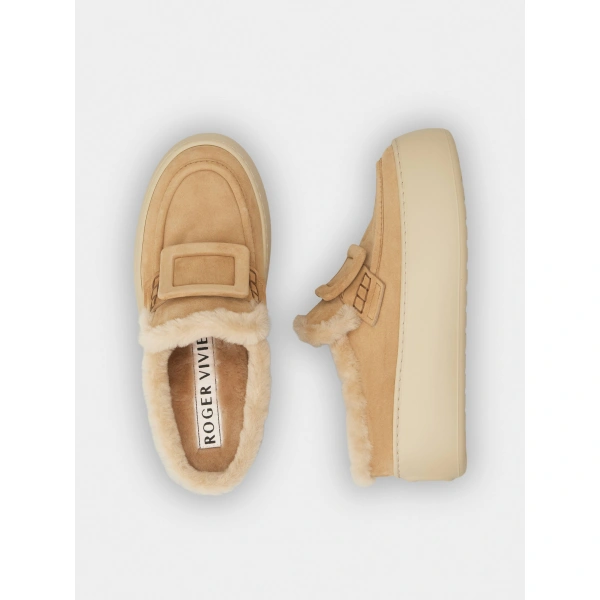 Roger Vivier Viv' Up Mules in Camel Suede, view 4 | Mules