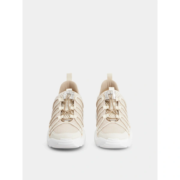 Roger Vivier Viv' Zag Sneakers in Beige Fabric and Suede, view 2 | Sneakers