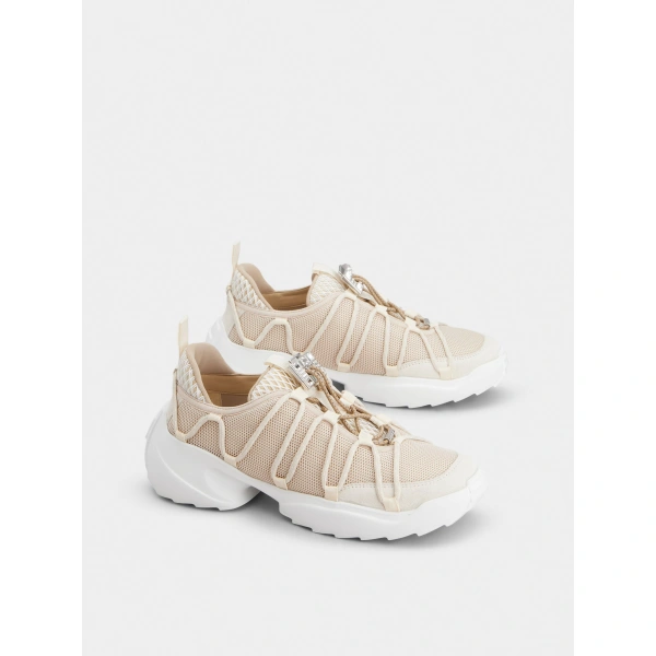 Roger Vivier Viv' Zag Sneakers in Beige Fabric and Suede, view 3 | Sneakers