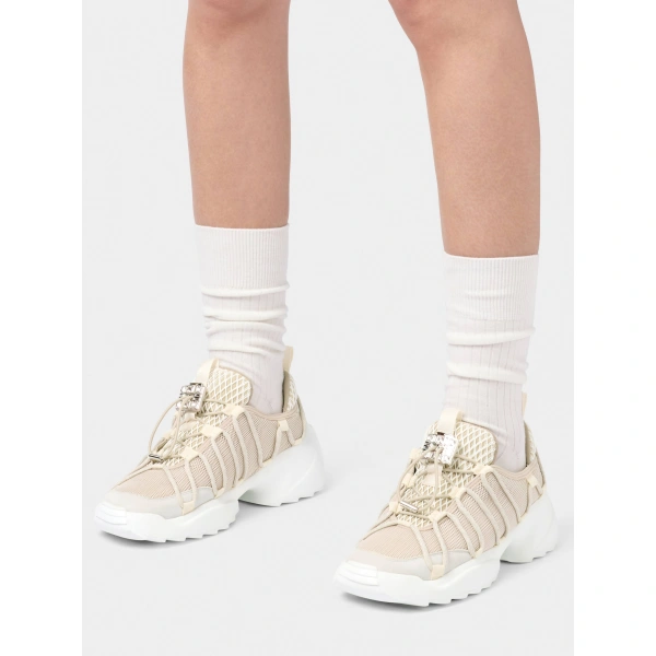 Roger Vivier Viv' Zag Sneakers in Beige Fabric and Suede, view 5 | Sneakers