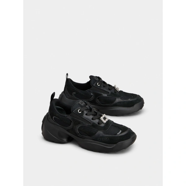Roger Vivier Viv' on the Run Sneakers in Black Leather and Fabric, view 3 | Sneakers