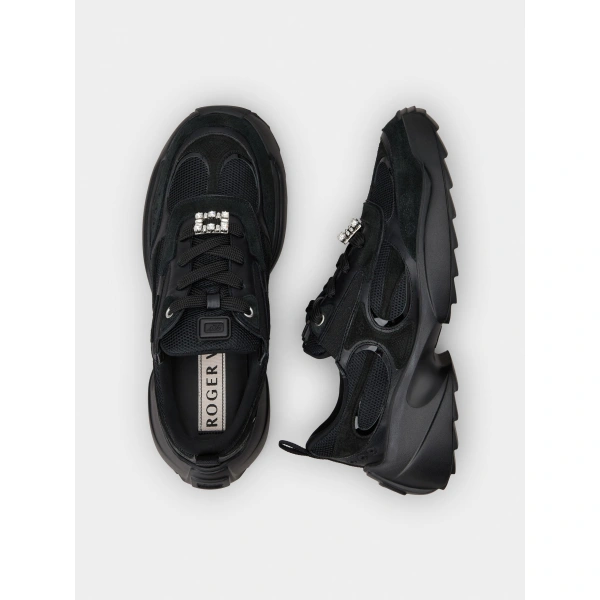 Roger Vivier Viv' on the Run Sneakers in Black Leather and Fabric, view 5 | Sneakers