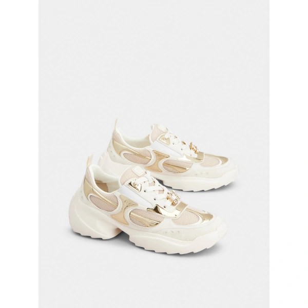 Roger Vivier Viv' on the Run Sneakers in Gold Suede and Fabric, view 3 | Sneakers