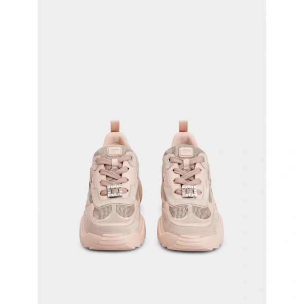 Roger Vivier Viv' on the Run Sneakers in Pink Leather and Fabric, view 2 | Sneakers