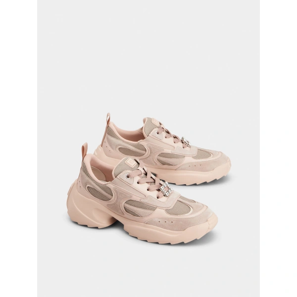 Roger Vivier Viv' on the Run Sneakers in Pink Leather and Fabric, view 3 | Sneakers