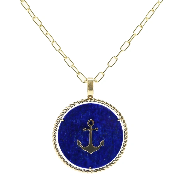 Anchor Coin Pendant in 18K Yellow Gold, Lapis