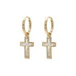 Rosa de la Cruz Baguette Diamond Cross Mini Hoops in 18K Yellow Gold and White Diamond, Pair | Fine Earrings | Coveti
