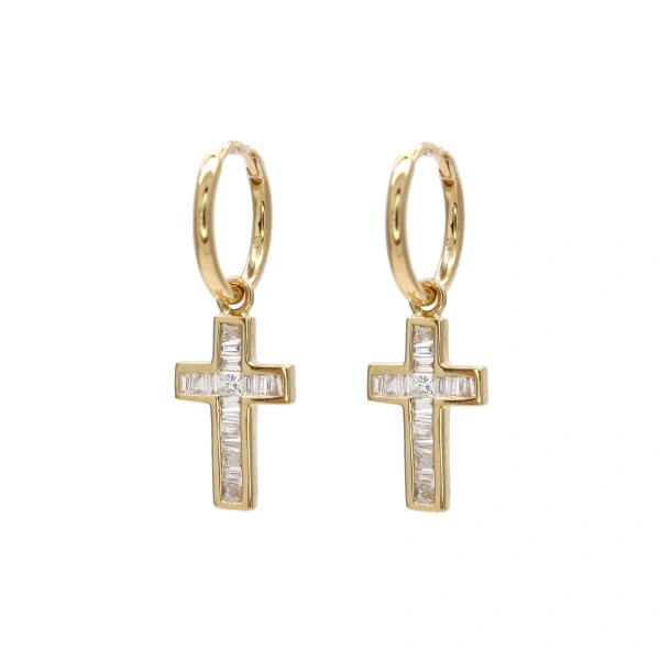Rosa de la Cruz Baguette Diamond Cross Mini Hoops in 18K Yellow Gold and White Diamond, Pair | Fine Earrings | Coveti