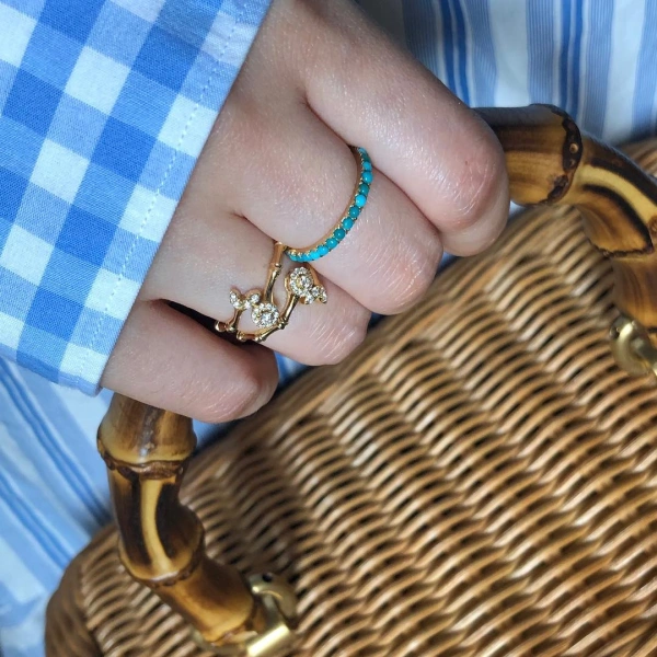 Rosa de la Cruz Bamboo Eternity Ring in 18K Yellow Gold, White Diamond | Fine Rings | Coveti