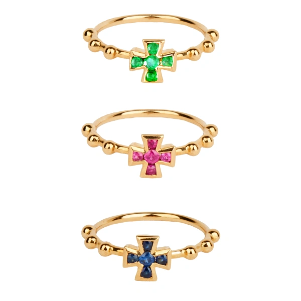 Rosa de la Cruz Baroque Cross Ring in 18K Yellow Gold, Emerald | Fine Rings | Coveti
