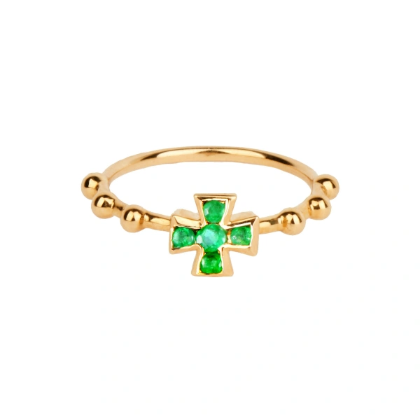 Baroque Cross Ring in 18K Yellow Gold, Emerald