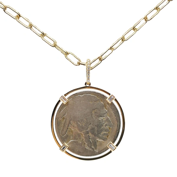 Rosa de la Cruz Buffalo Nickel Coin Pendant in 18K Yellow Gold, White Diamond | Fine Pendants and Charms | Coveti
