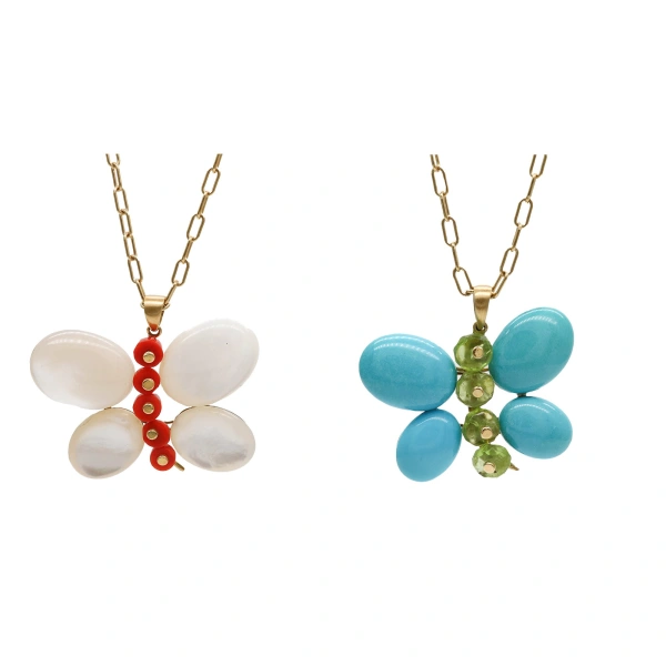 Rosa de la Cruz Butterfly Pendant in 18K Yellow Gold, Pearl and Coral | Fine Pendants and Charms | Coveti