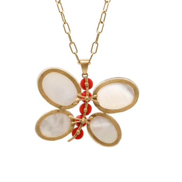 Rosa de la Cruz Butterfly Pendant in 18K Yellow Gold, Pearl and Coral | Fine Pendants and Charms | Coveti