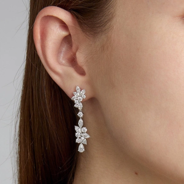 Rosa de la Cruz Cascade Cluster Hanging Earrings in 18K White Gold, White Diamond, Pair | Fine Earrings | Coveti