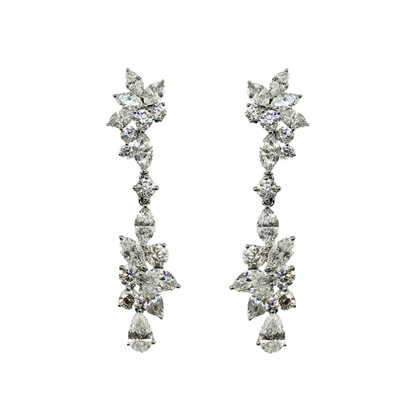 Cascade Cluster Hanging Earrings in 18K White Gold, White Diamond, Pair