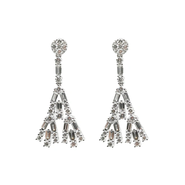 Cascade Long Tassel Earrings in 18K White Gold, White Diamond, Pair