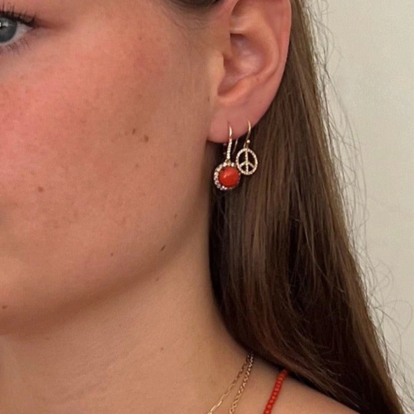 Rosa de la Cruz Coral and Diamond Cabochon Earrings in 18K Yellow Gold, Coral and Brown Diamond, Pair | Fine Earrings | Coveti