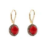 Rosa de la Cruz Coral and Diamond Cabochon Earrings in 18K Yellow Gold, Coral and Brown Diamond, Pair | Fine Earrings | Coveti
