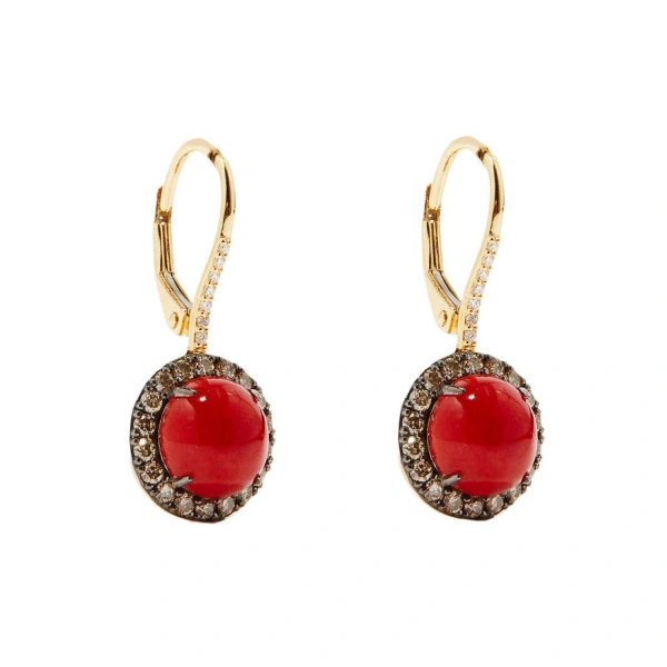 Rosa de la Cruz Coral and Diamond Cabochon Earrings in 18K Yellow Gold, Coral and Brown Diamond, Pair | Fine Earrings | Coveti