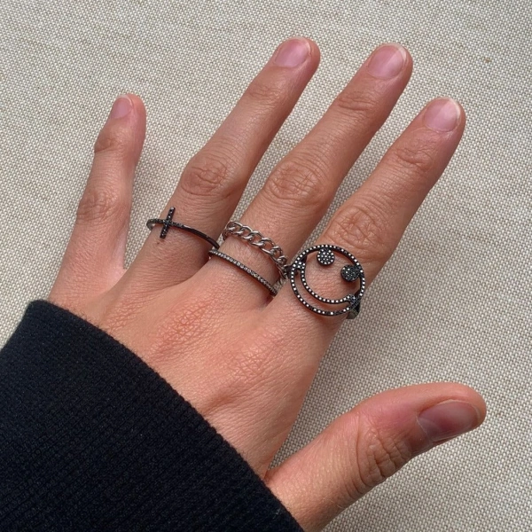 Rosa de la Cruz Cross Eternity Ring in 18K Rhodium Gold and Black Diamond | Fine Rings | Coveti
