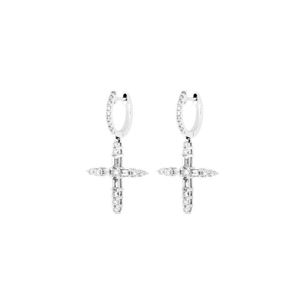 Rosa de la Cruz Diamond Cross Hanging Earring in 18K White Gold, White Diamond, Pair | Fine Earrings | Coveti