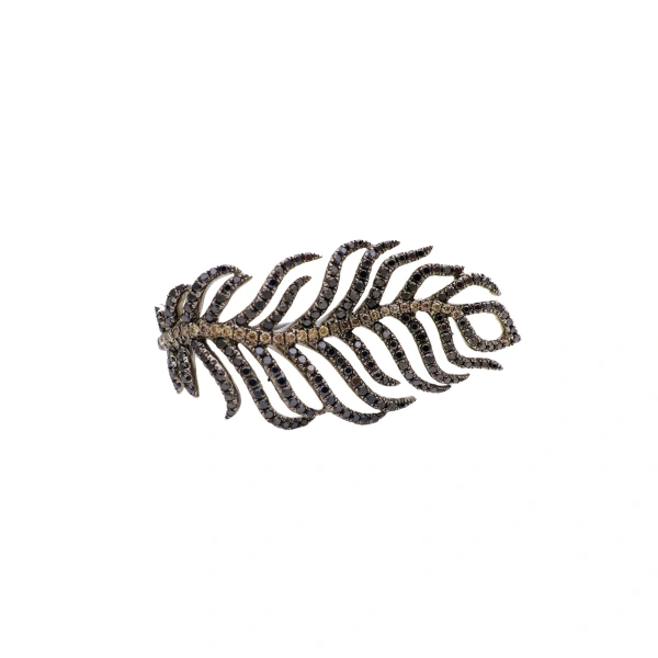Double Feather Ring in 18K Rhodium Gold, Black and Brown Diamond