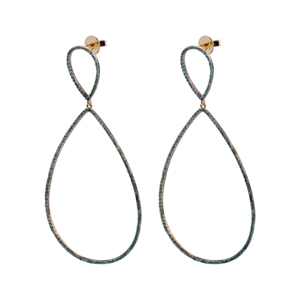 Double Teardrop Hanging Earrings in 18K Yellow Gold, Emerald, Pair