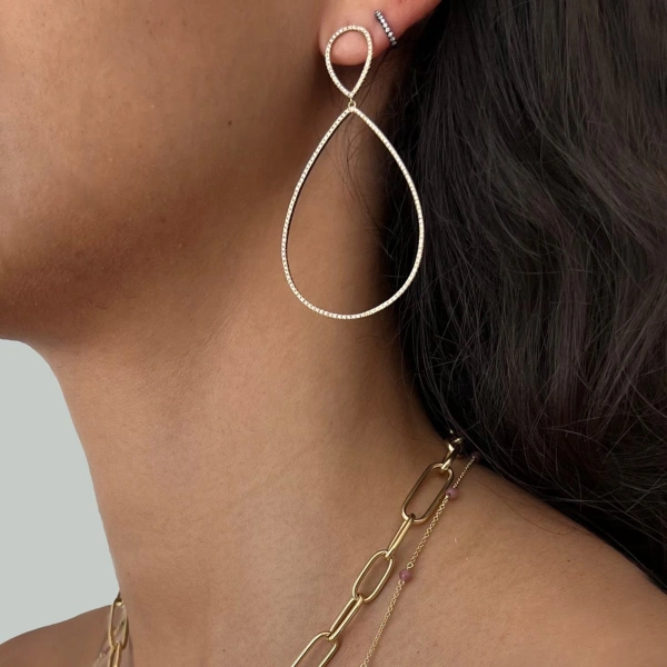 Rosa de la Cruz Double Teardrop Hanging Earrings in 18K Yellow Gold, White Diamond, Pair | Fine Earrings | Coveti