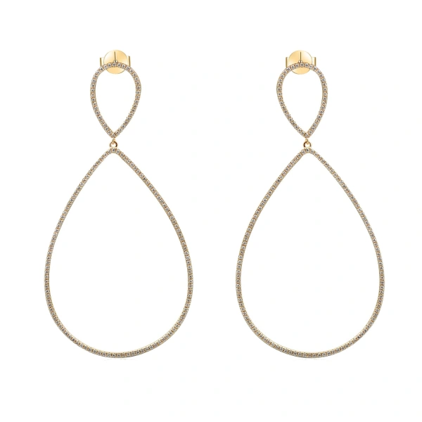 Rosa de la Cruz Double Teardrop Hanging Earrings in 18K Yellow Gold, White Diamond, Pair | Fine Earrings | Coveti