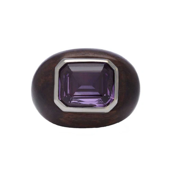 Rosa de la Cruz Ebony Gem Ring in Ebony, Amethyst and 18K White Gold | Fine Rings | Coveti