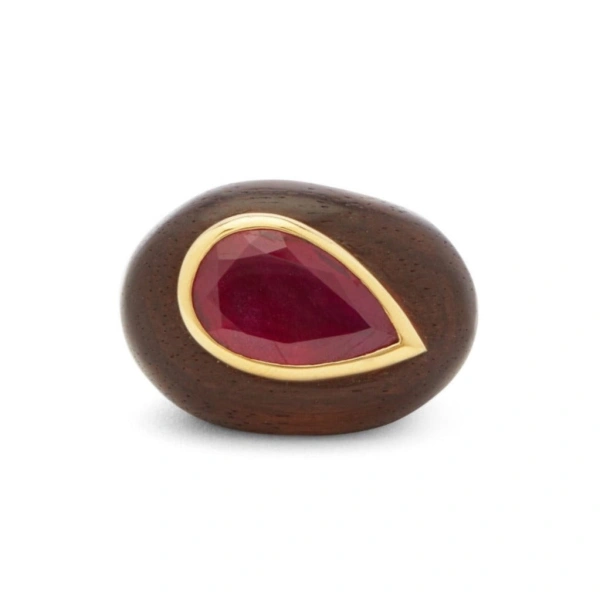 Rosa de la Cruz Ebony Gem Ring in Ebony, Ruby and 18K Yellow Gold | Fine Rings | Coveti