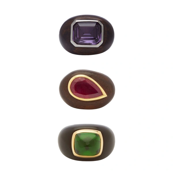 Rosa de la Cruz Ebony Gem Ring in Ebony, Ruby and 18K Yellow Gold | Fine Rings | Coveti