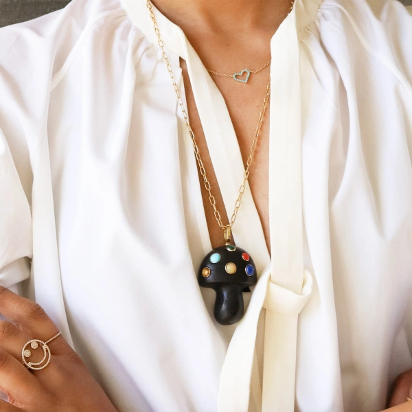 Rosa de la Cruz Ebony Mushroom Pendant with Coloured Stones in 18K Yellow Gold, Ebony | Fine Pendants and Charms | Coveti