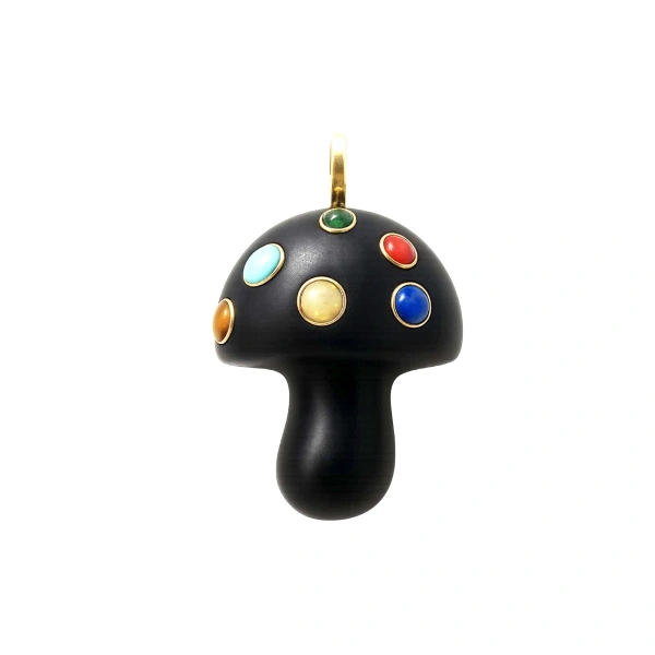 Rosa de la Cruz Ebony Mushroom Pendant with Coloured Stones in 18K Yellow Gold, Ebony | Fine Pendants and Charms | Coveti