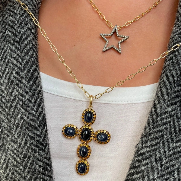 Rosa de la Cruz Gem Cross Pendant Iolite and Citrine in 18K Yellow Gold, Iolite and Citrine | Fine Pendants and Charms | Coveti