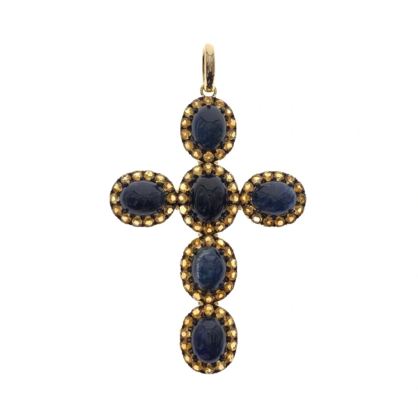 Gem Cross Pendant Iolite and Citrine in 18K Yellow Gold, Iolite and Citrine