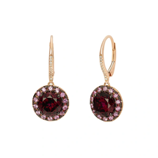 Gem Earrings in Garnet and Pink Sapphire, 18K Rose Gold and White Diamond, Pair