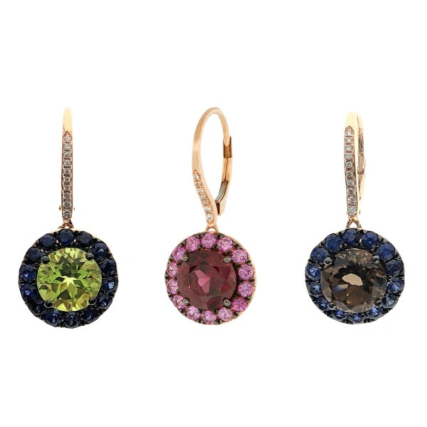 Rosa de la Cruz Gem Earrings in Smoky Quartz and Blue Sapphire, 18K Rose Gold and White Diamond, Pair | Fine Earrings | Coveti
