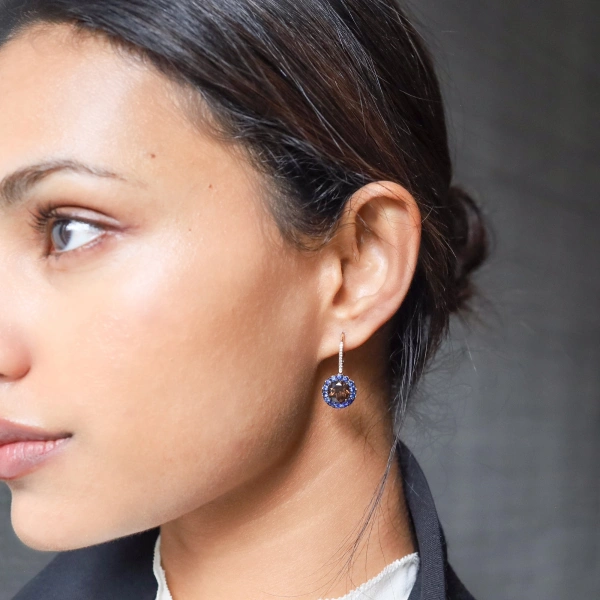 Rosa de la Cruz Gem Earrings in Smoky Quartz and Blue Sapphire, 18K Rose Gold and White Diamond, Pair | Fine Earrings | Coveti