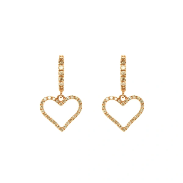 Heart Charm Earrings in 18K Rose Gold, Brown Diamond, Pair