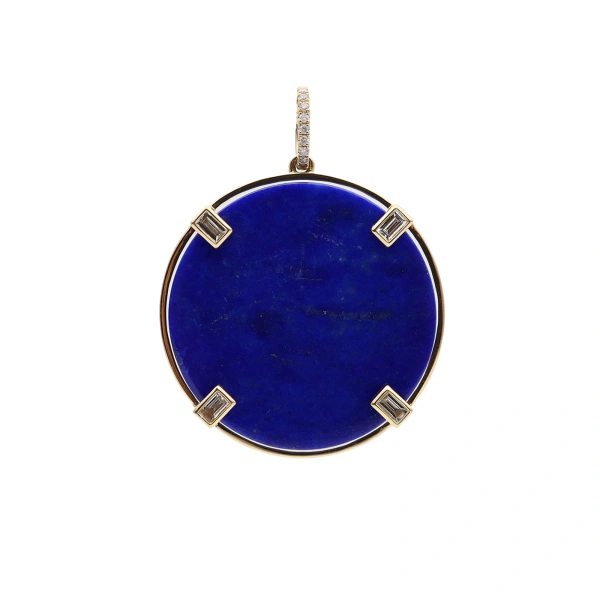 Lapis Coin Pendant in 18K Yellow Gold, Lapis and White Diamond